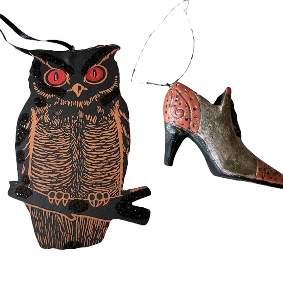Set 2 Halloween Ornaments Bethany Lowe Spooky Glitter Owl Witch Shoe Hanging - Picture 1 of 8